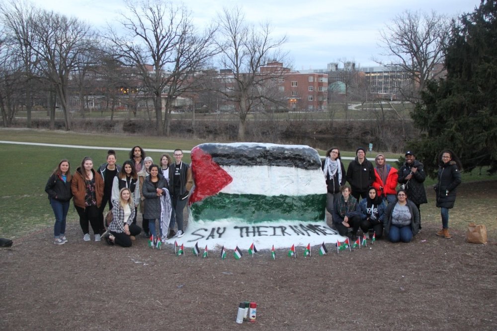 people standing in front of rock painted with Palestine flag