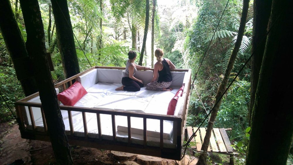 two women together on porch overlooking rainforest